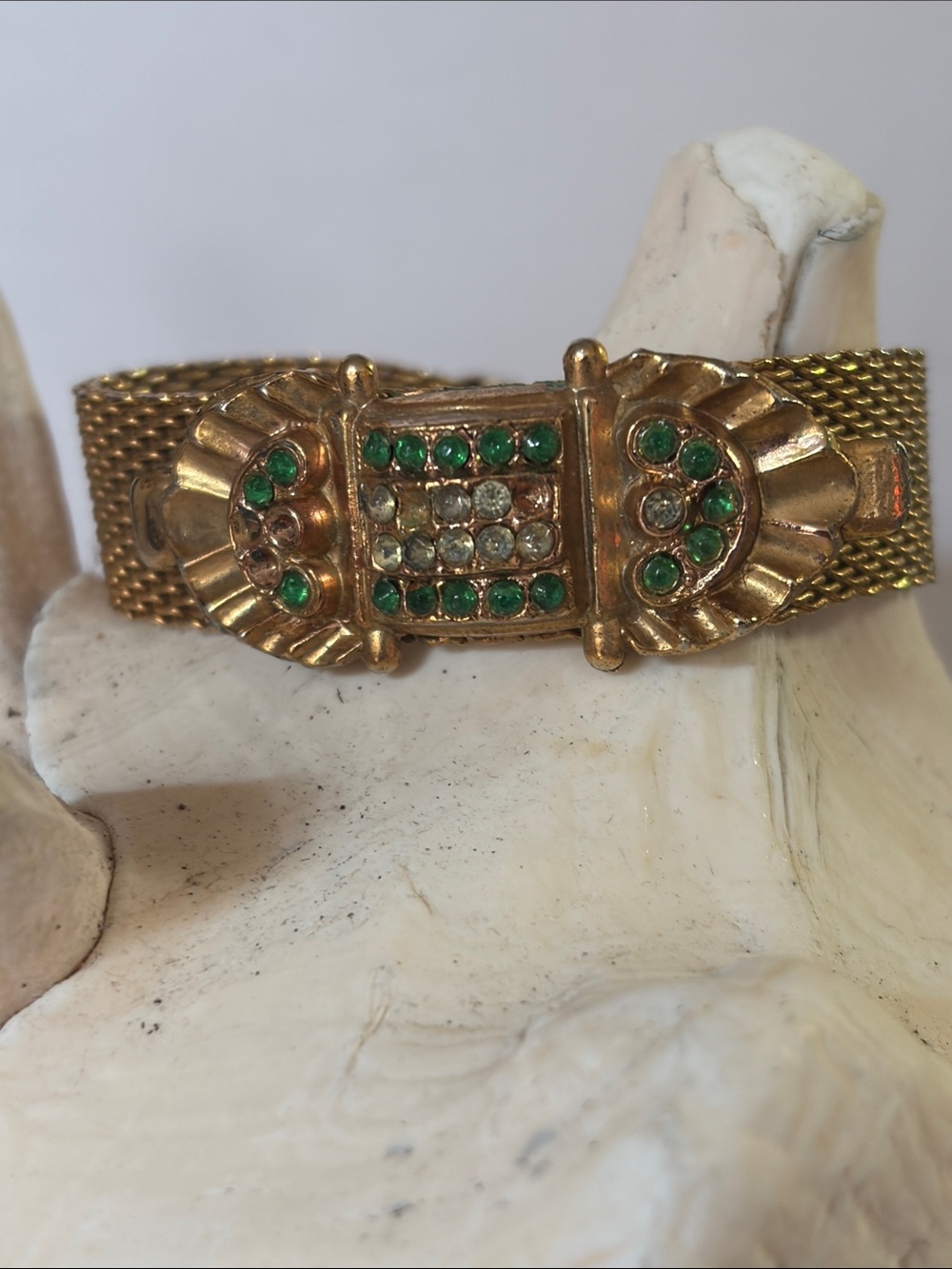 Vintage Gold Bracelet with Green and Clear Stones